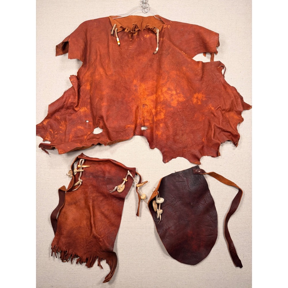 Vintage Handmade Leather Fringe 3pc Ensemble Antler Toggle Apron Loincloth